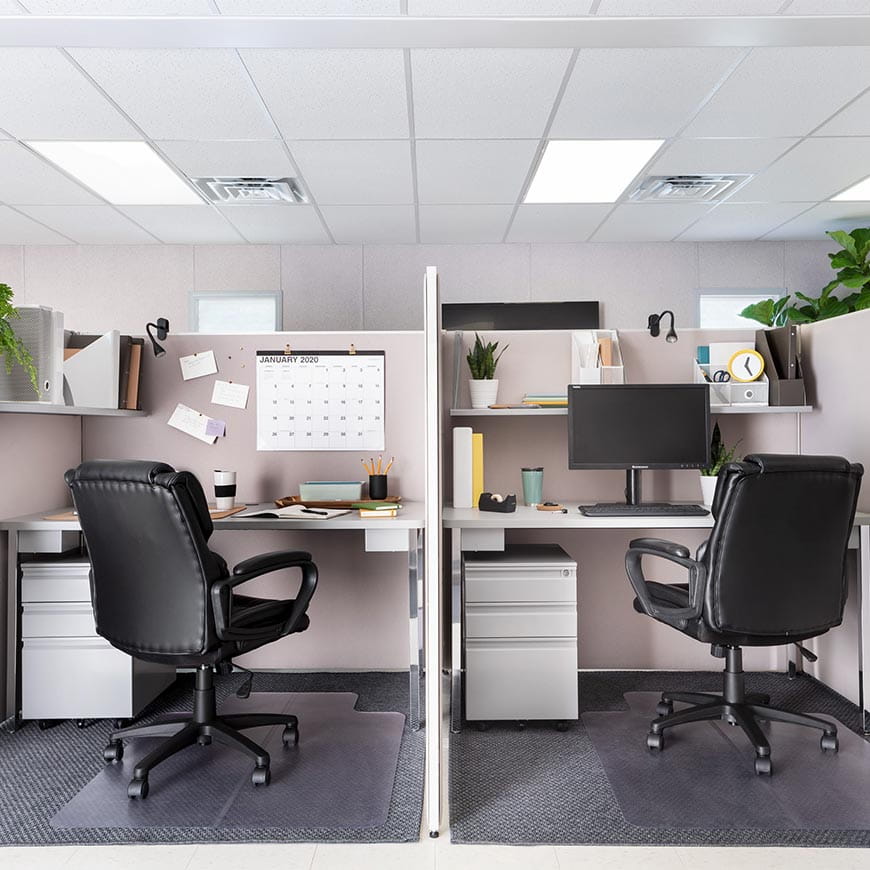 two cubicles set up side by side in a modular office